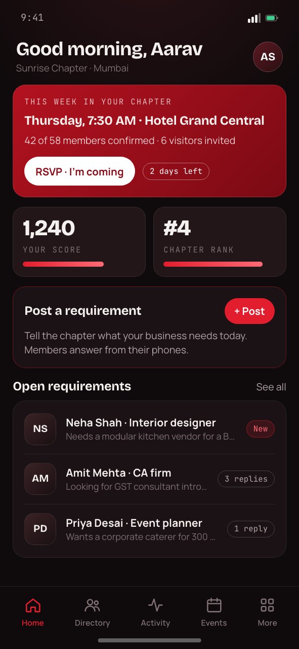 Connection AI home screen: post a requirement, this week in your chapter, open requirements